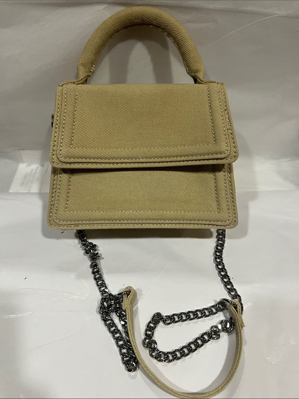 Zara Beige Canvas Top-Handle Crossbody with Chain Strap